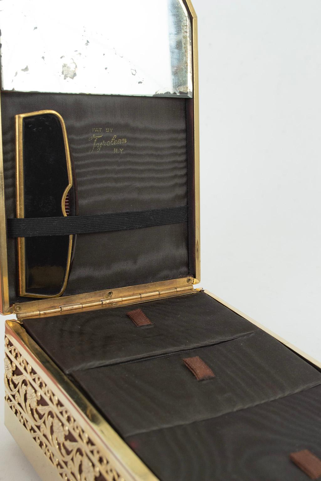 New Tyrolean Brown Suede Mini Steamer Trunk 24-Karat Gold Plate Filigree, 1940s For Sale 5