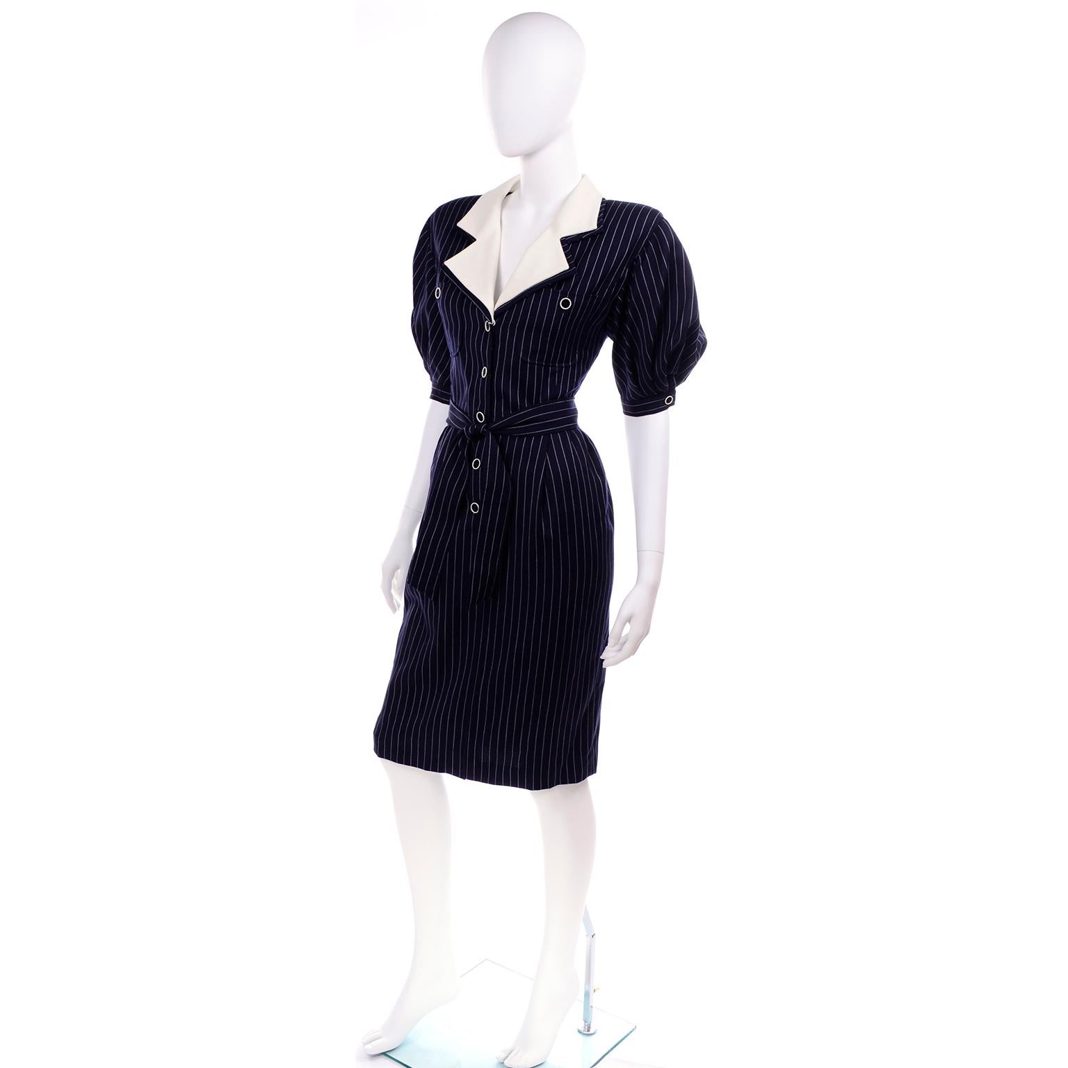 Black New Ungaro Deadstock Vintage Dress in Navy Blue & White Pinstripes With Tag