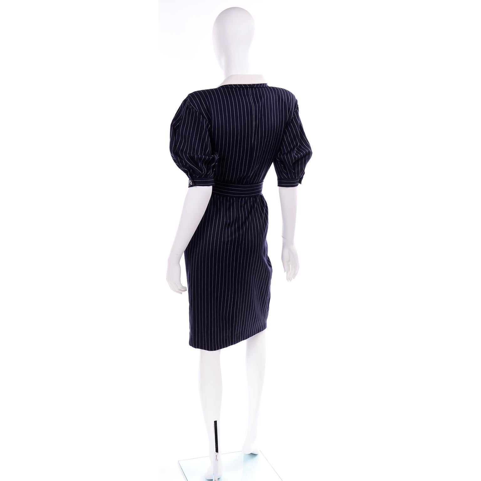 New Ungaro Deadstock Vintage Dress in Navy Blue & White Pinstripes With Tag In New Condition In Portland, OR
