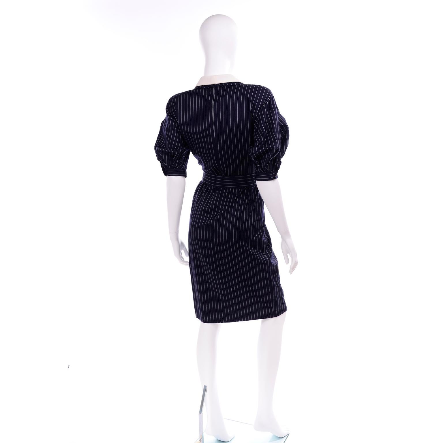 Women's New Ungaro Deadstock Vintage Dress in Navy Blue & White Pinstripes With Tag
