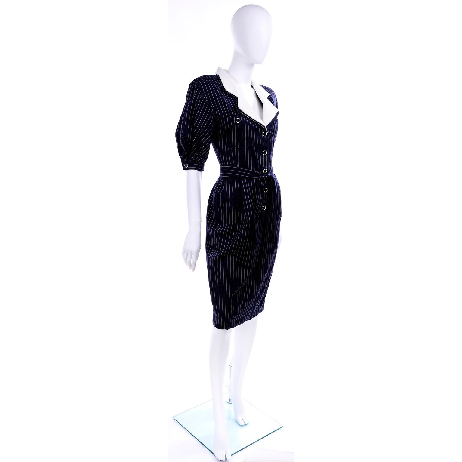 New Ungaro Deadstock Vintage Dress in Navy Blue & White Pinstripes With Tag 1