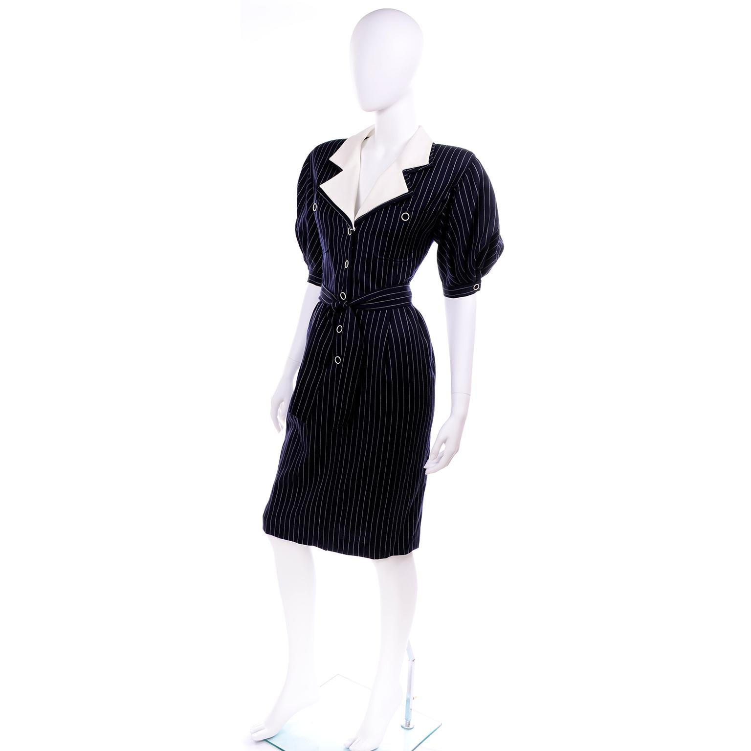 New Ungaro Deadstock Vintage Dress in Navy Blue & White Pinstripes With Tag 2