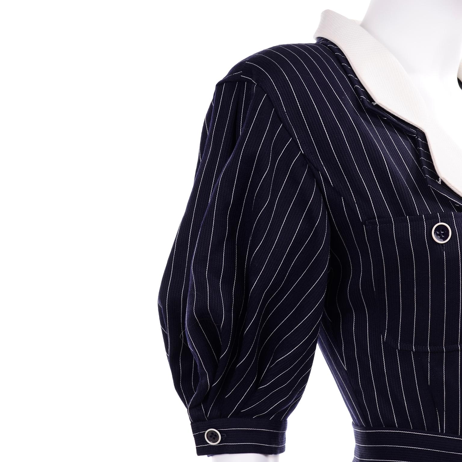New Ungaro Deadstock Vintage Dress in Navy Blue and White Pinstripes