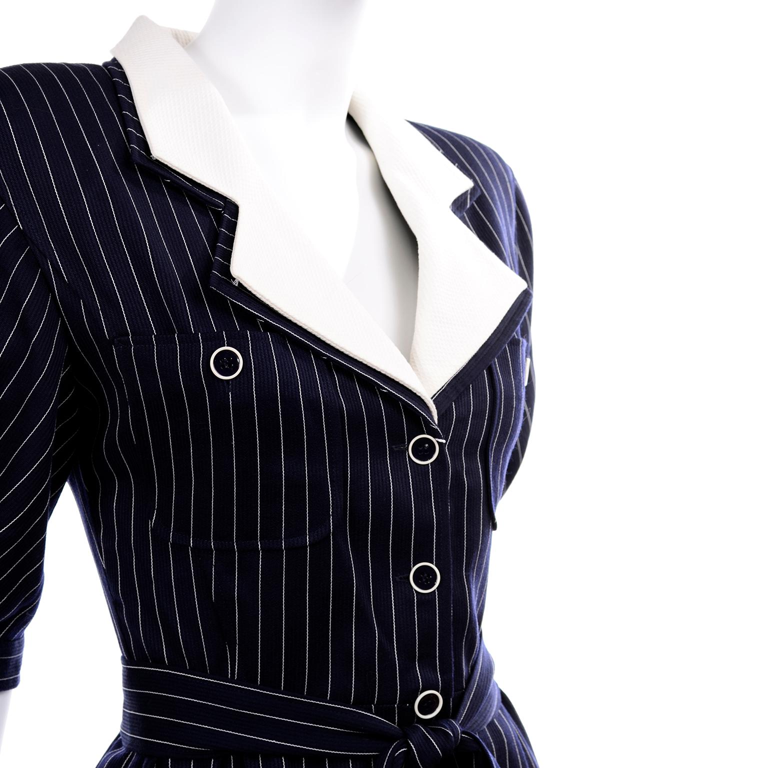 New Ungaro Deadstock Vintage Dress in Navy Blue & White Pinstripes With Tag 4