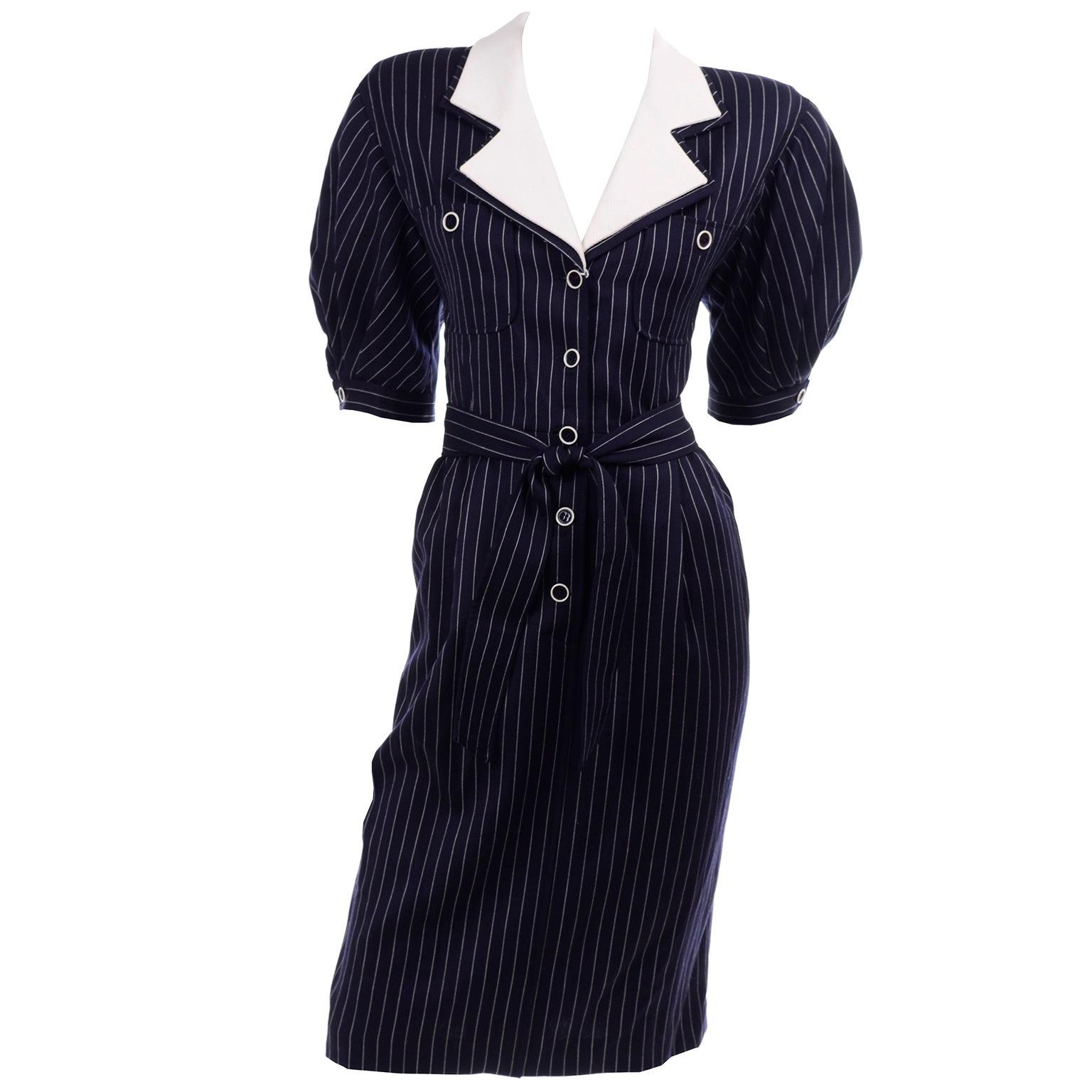 New Ungaro Deadstock Vintage Dress in Navy Blue and White Pinstripes ...