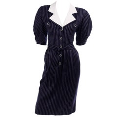 New Ungaro Deadstock Vintage Dress in Navy Blue & White Pinstripes With Tag