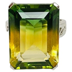 New Unheated Ametrine Green Yellow Octagon 21.70 Ct. 925 Sterling Ring Size 6.5