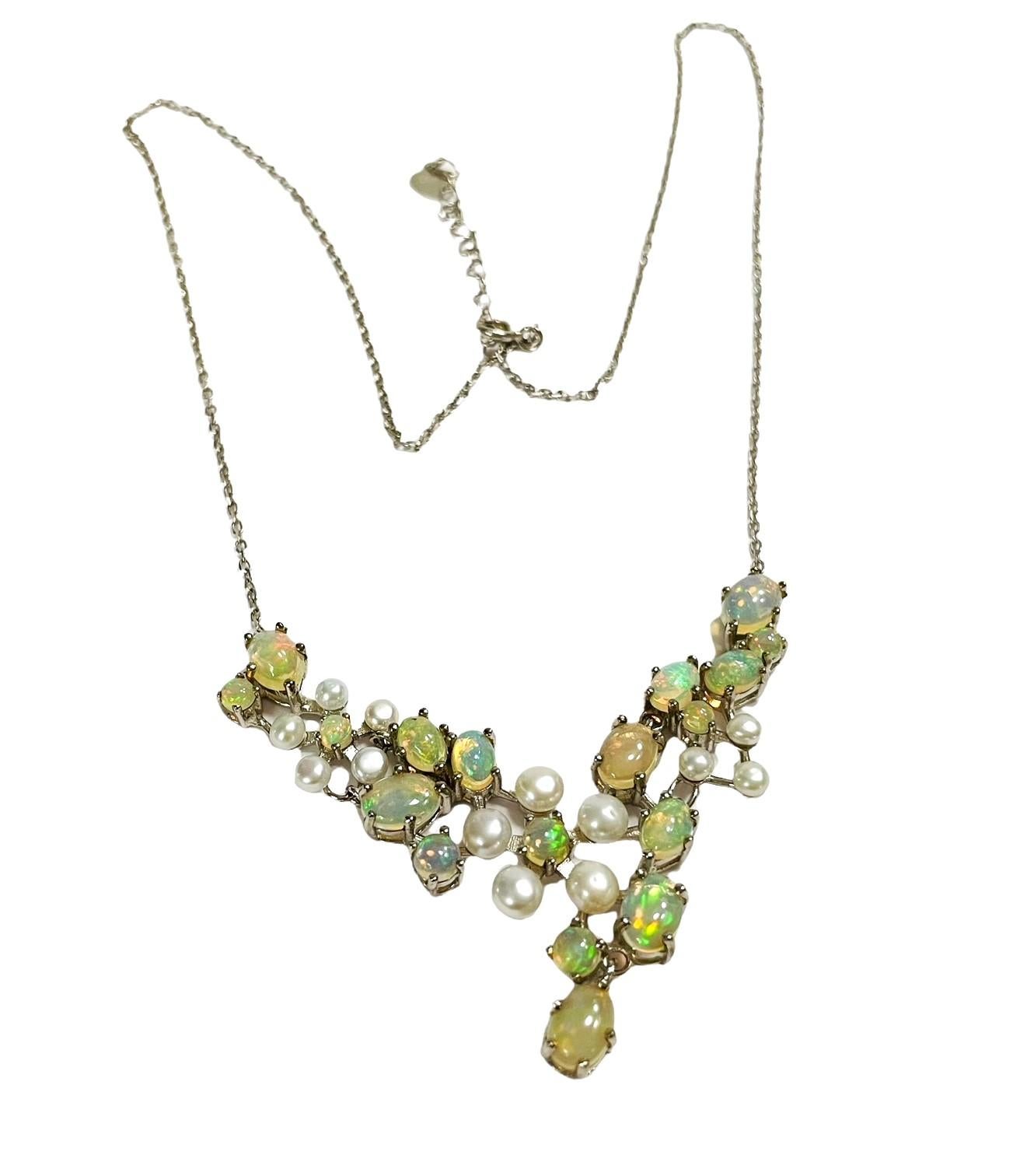 Just a beautiful necklace.  The opals are exceptional.  Full of colors.  They are complemented by small pearls in the design It is 18