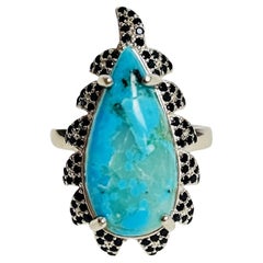 New Unheated Pear Turquoise Black Spinel 14K WG Plated Sterling Ring