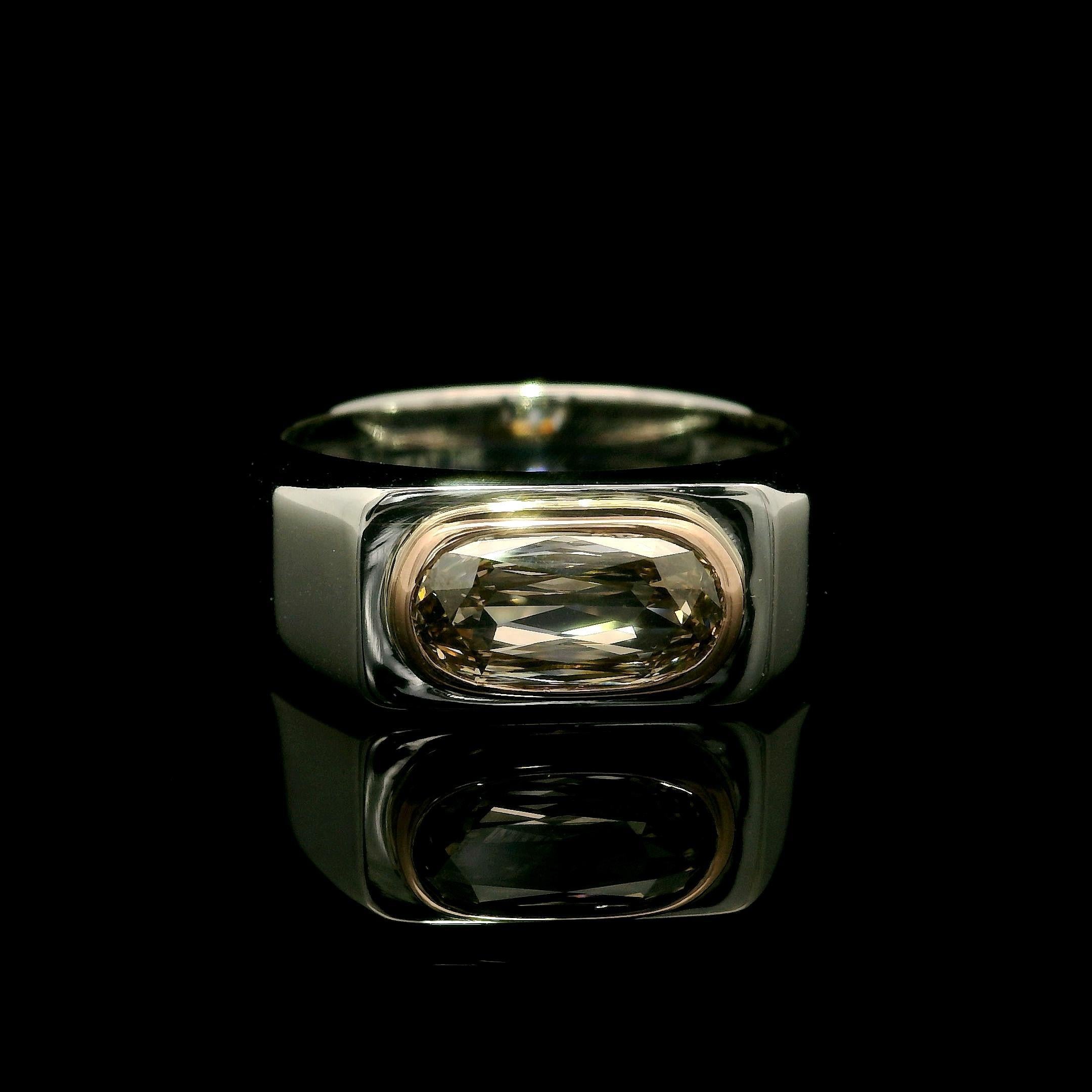 --Stone(s):--
(1) Natural Genuine Diamond - Elongated Cushion - Bezel Set - Fancy Yellowish Brown Color - 9.32 x 4.58 x 2.83 mm - 1.18ct (exact)
** See Certification Details Below for Complete Info **

Material: Solid .950 Platinum W/ 14k Rose Gold