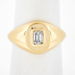 NEW Unisex 14k Gold 0.40ctw Emerald Cut Diamond Bezel Solitaire Signet Band Ring