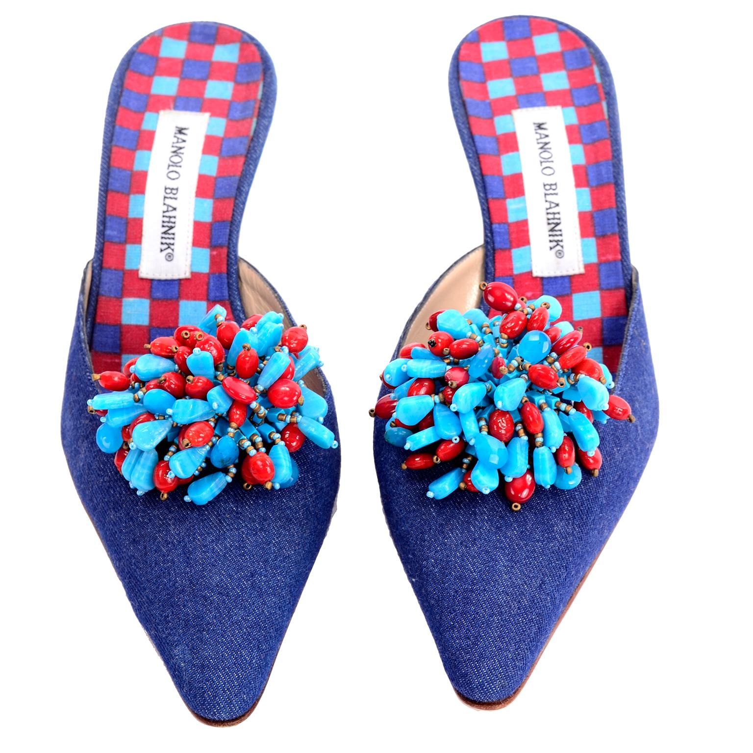 There are fabulous unworn Manolo Blahnik Denim Blue Shoes  embellished with red and blue bead 