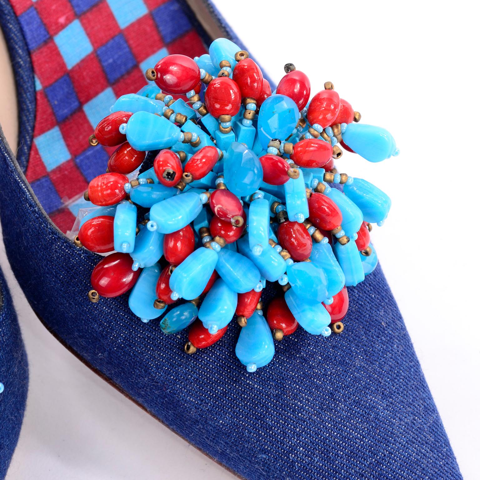 Purple New Unworn Manolo Blahnik Shoes Denim Kitten Heel Mules W/ Red & Blue Beads 38.5