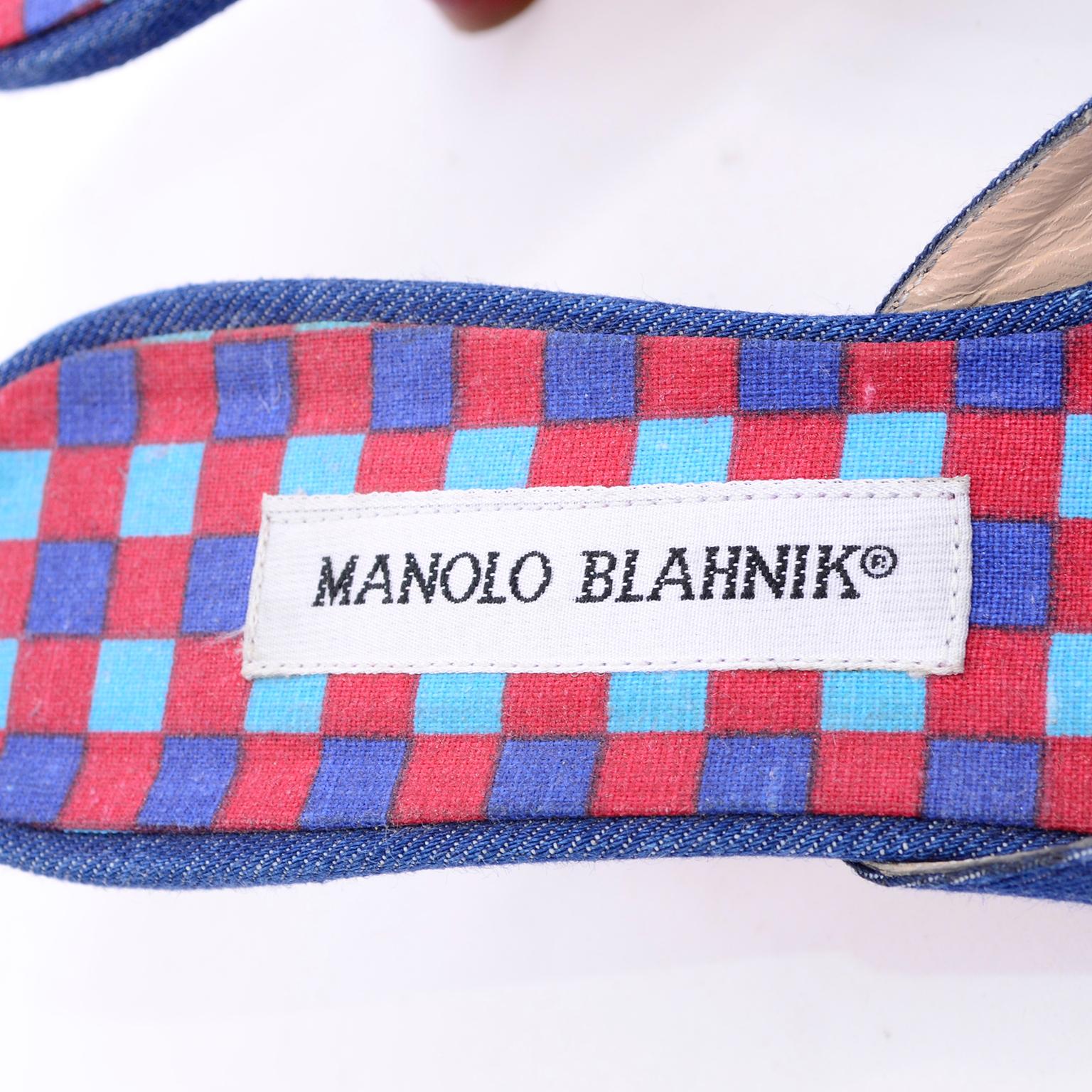 Women's New Unworn Manolo Blahnik Shoes Denim Kitten Heel Mules W/ Red & Blue Beads 38.5