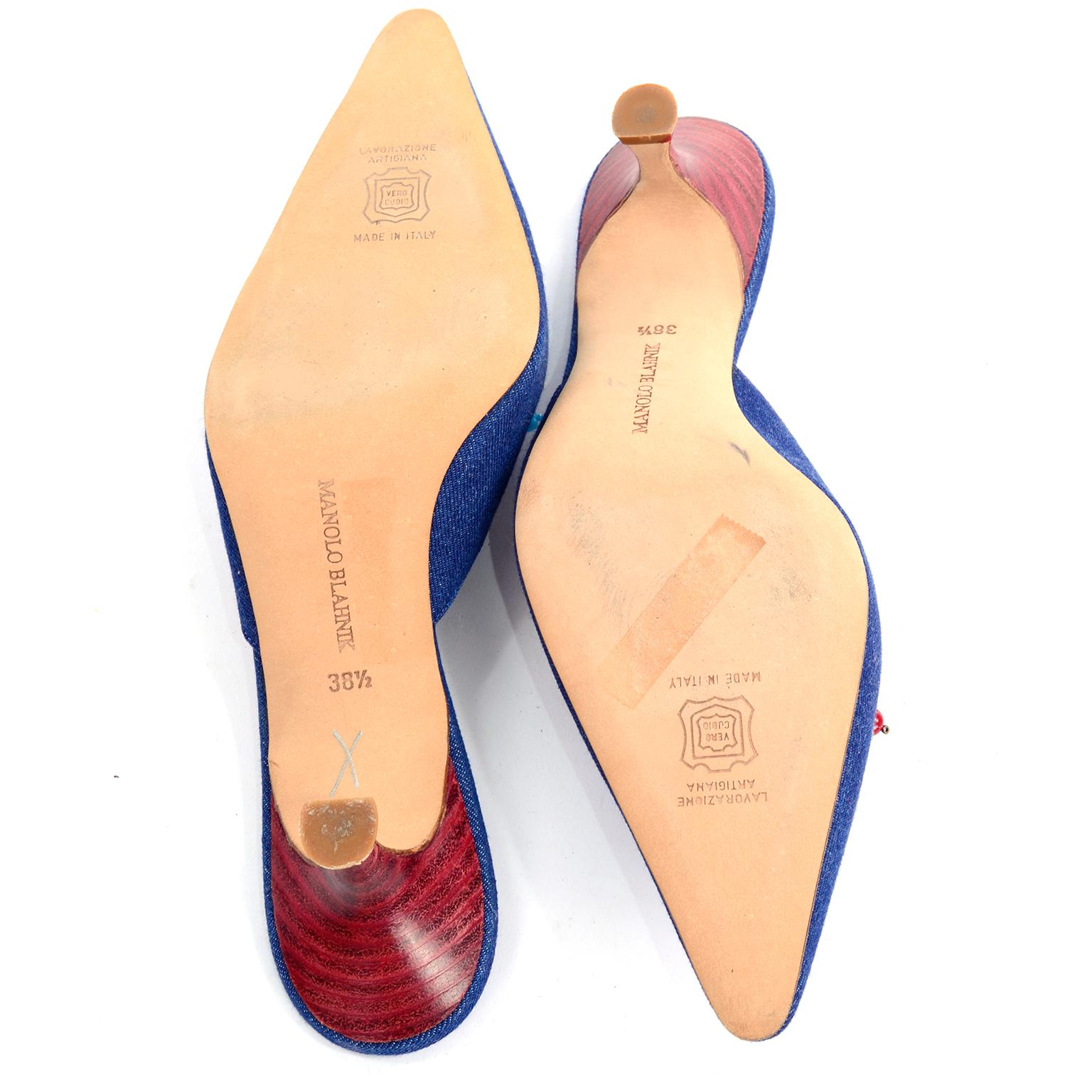 New Unworn Manolo Blahnik Shoes Denim Kitten Heel Mules W/ Red & Blue Beads 38.5 1