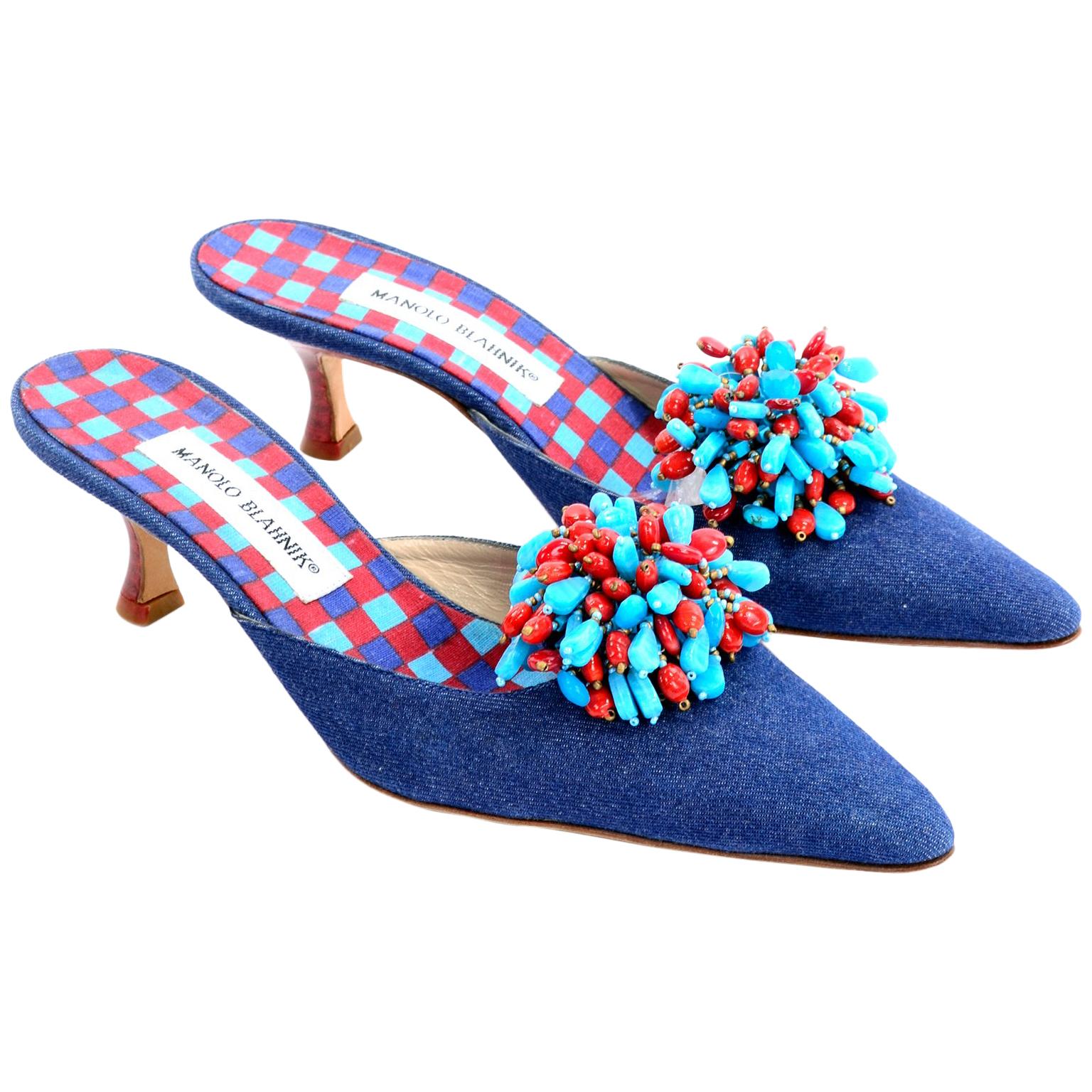 New Unworn Manolo Blahnik Shoes Denim Kitten Heel Mules W/ Red & Blue Beads 38.5