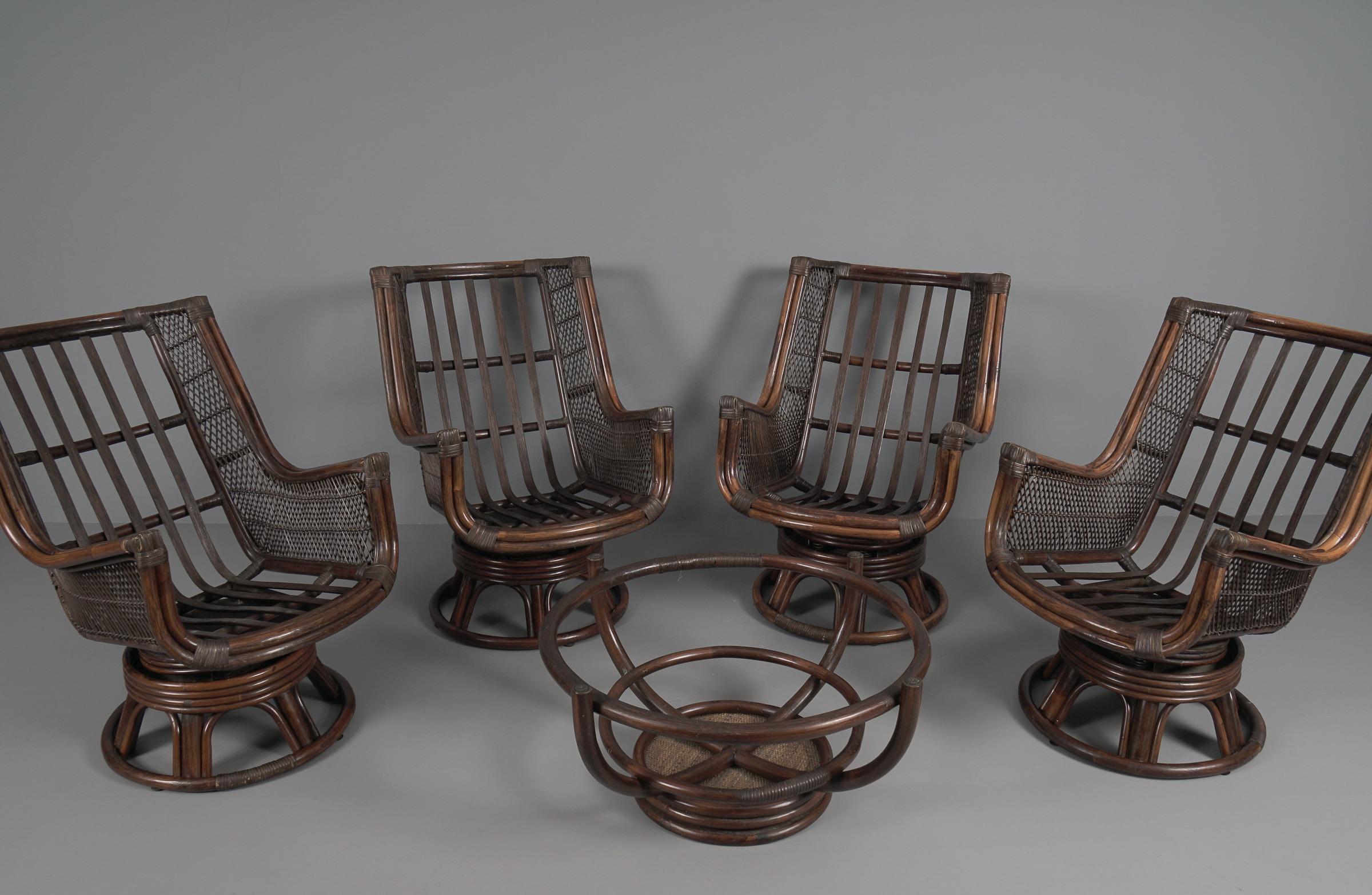 New Upholstered Rattan Seating Set, 4x Armchairs 1x Stool 1x Coffee Table, 1960s For Sale 13