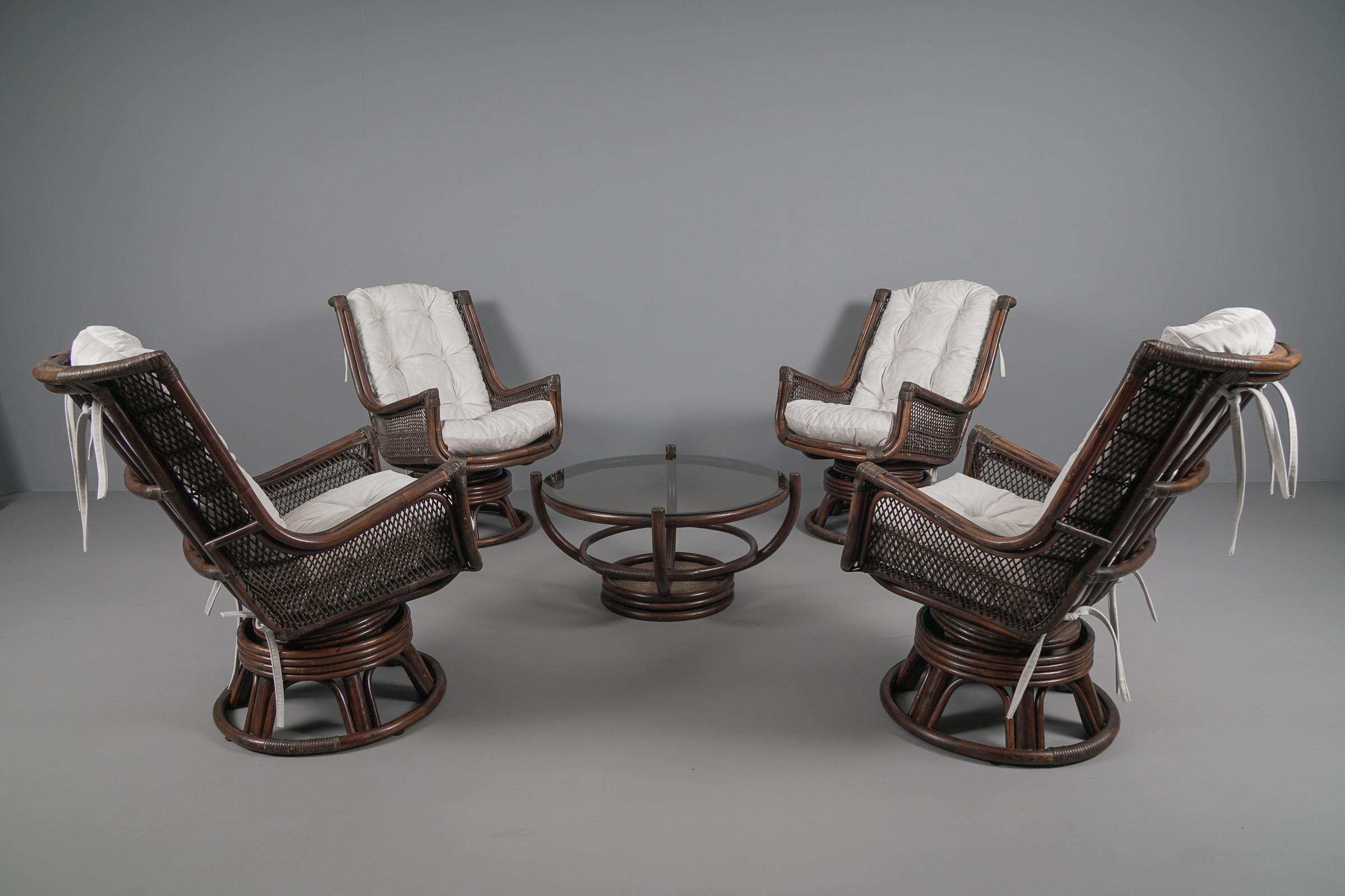 Italian New Upholstered Rattan Seating Set, 4x Armchairs 1x Stool 1x Coffee Table, 1960s For Sale