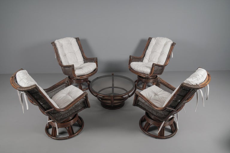 New Upholstered Rattan Seating Set, 4x Armchairs 1x Stool 1x Coffee Table,  1960s For Sale at 1stDibs