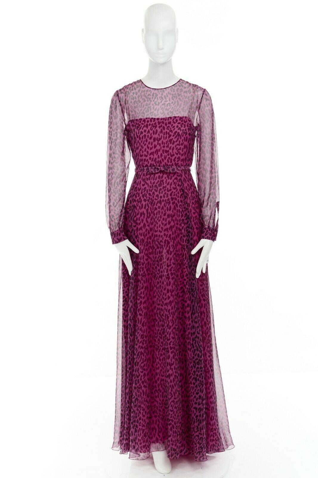 Purple new VALENTINO 2013 pink black leopard silk long sleeves belted evening gown IT40