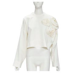 new VALENTINO 3D Rose petal white crepe batwing cropped boxy blouse IT42 M