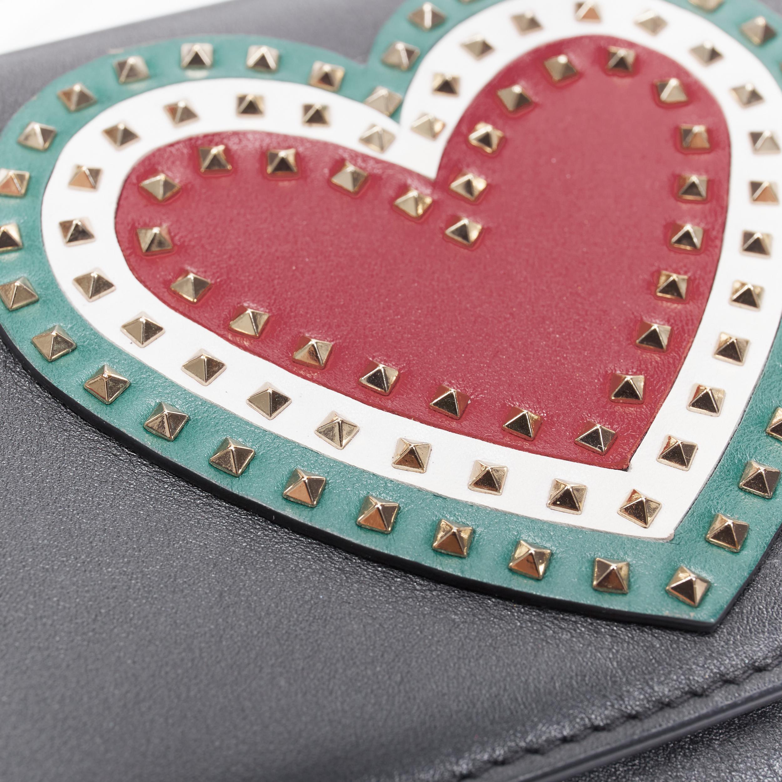 Gray new VALENTINO black leather Rockstud green red heart gold chain wallet clutch For Sale