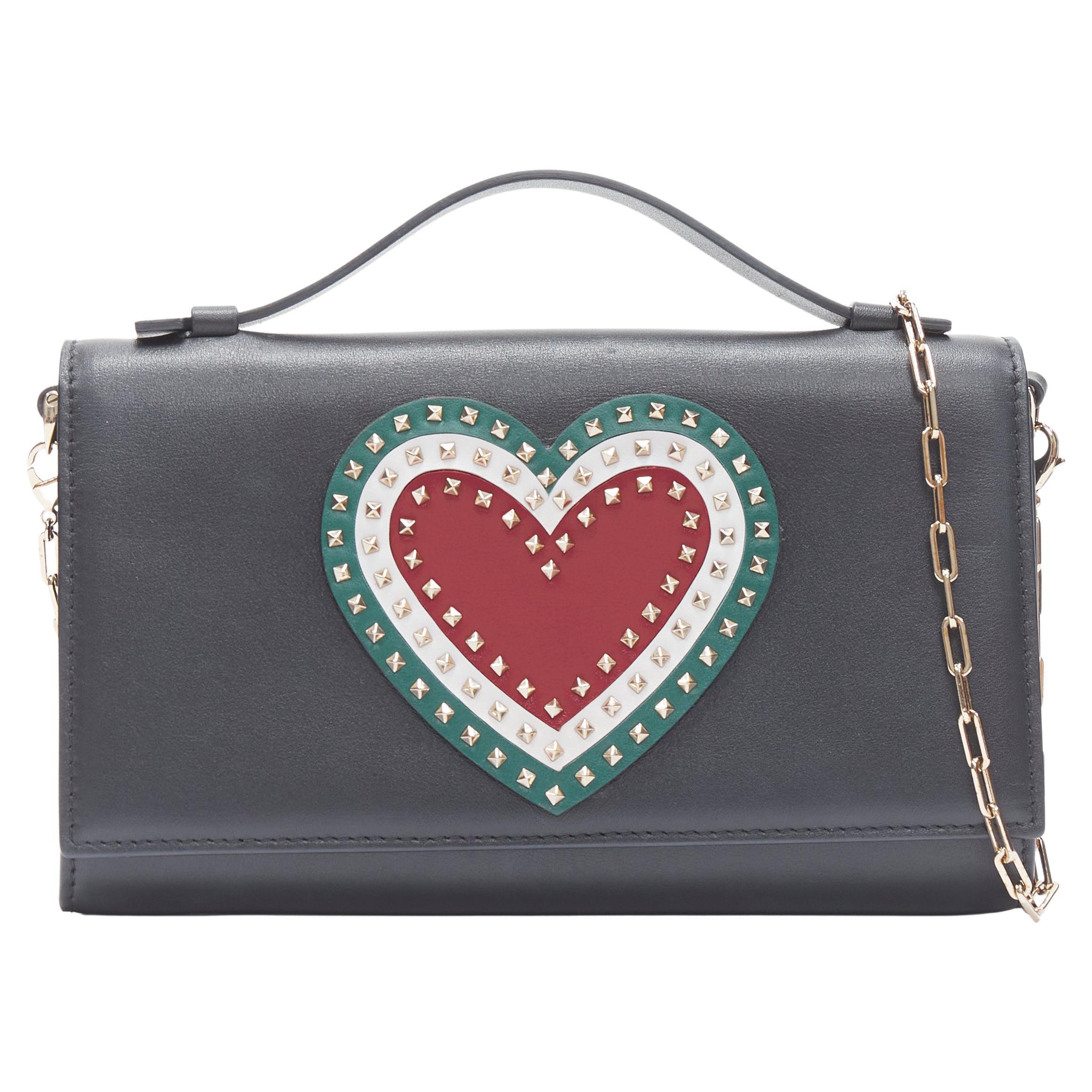 new VALENTINO black leather Rockstud green red heart gold chain wallet clutch