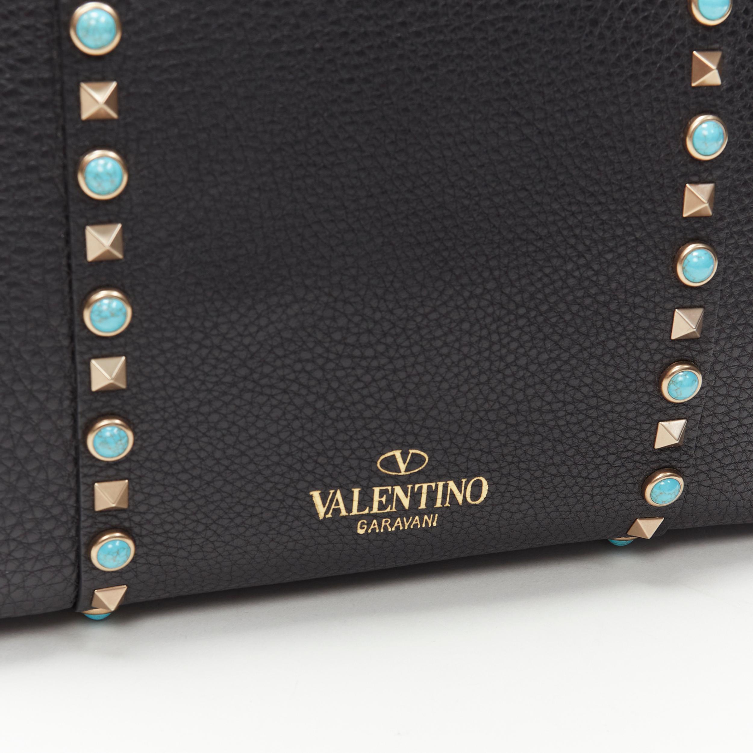 new VALENTINO black pebble leather turquoise stone Rockstud satchel shoulder bag 4
