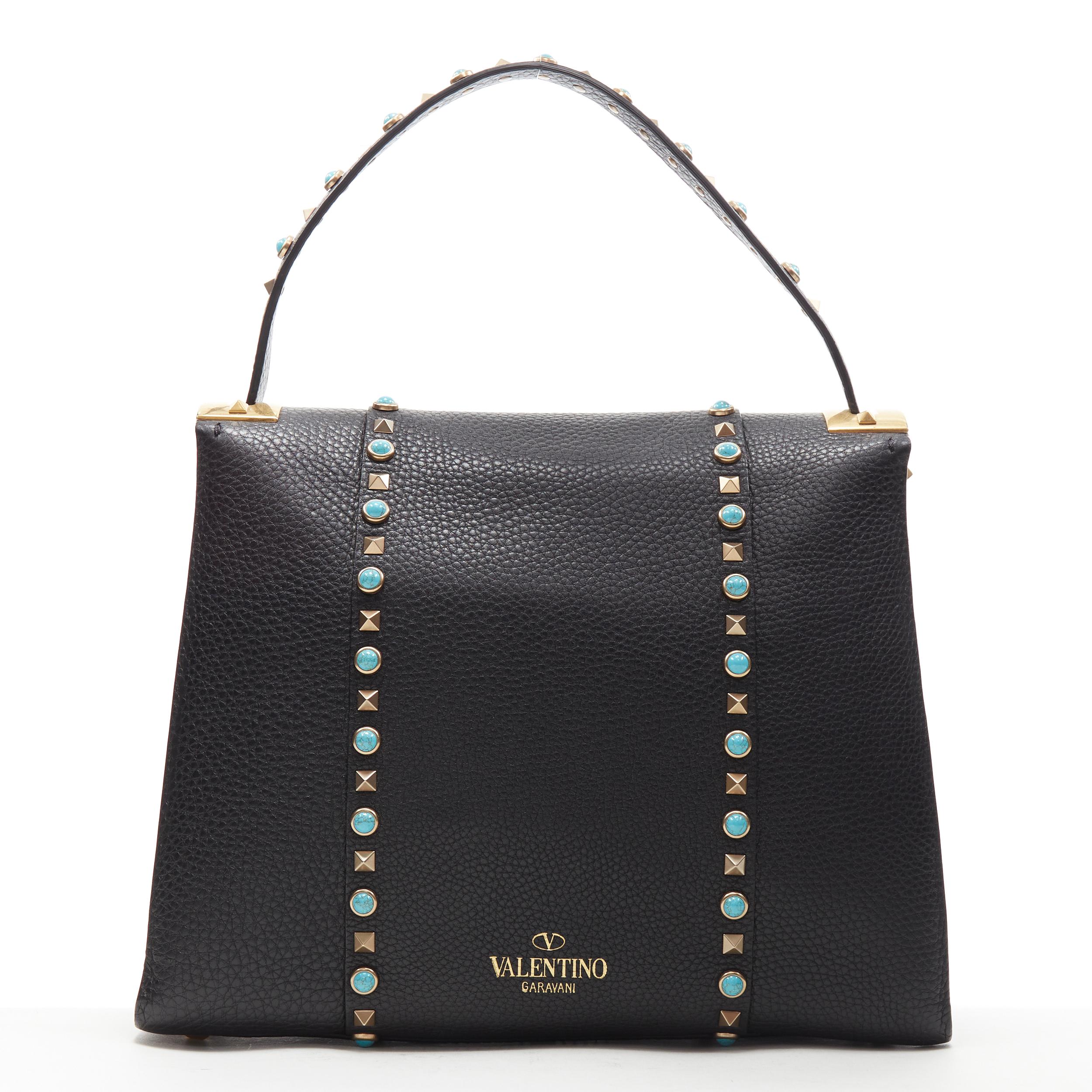 Black new VALENTINO black pebble leather turquoise stone Rockstud satchel shoulder bag