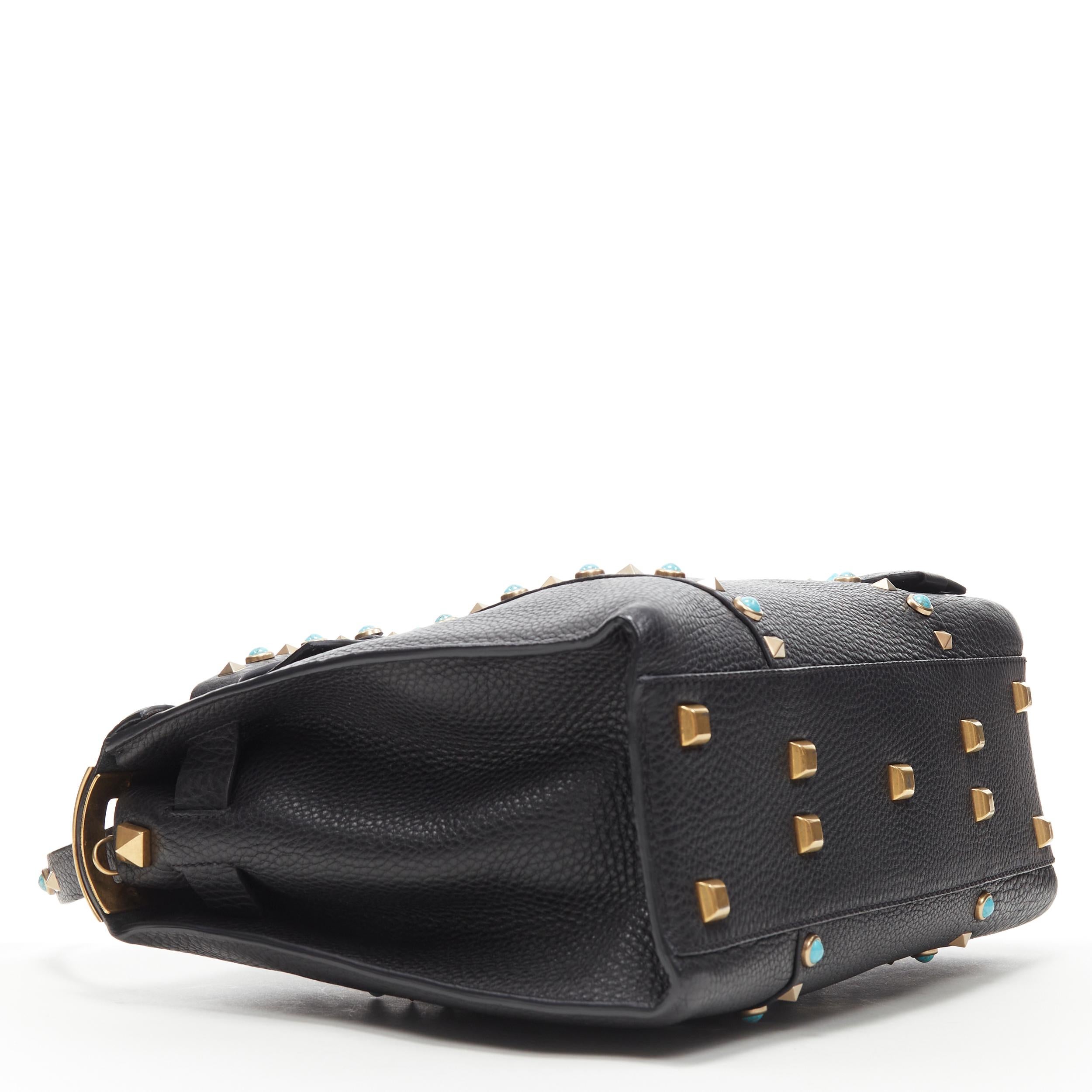 Women's new VALENTINO black pebble leather turquoise stone Rockstud satchel shoulder bag
