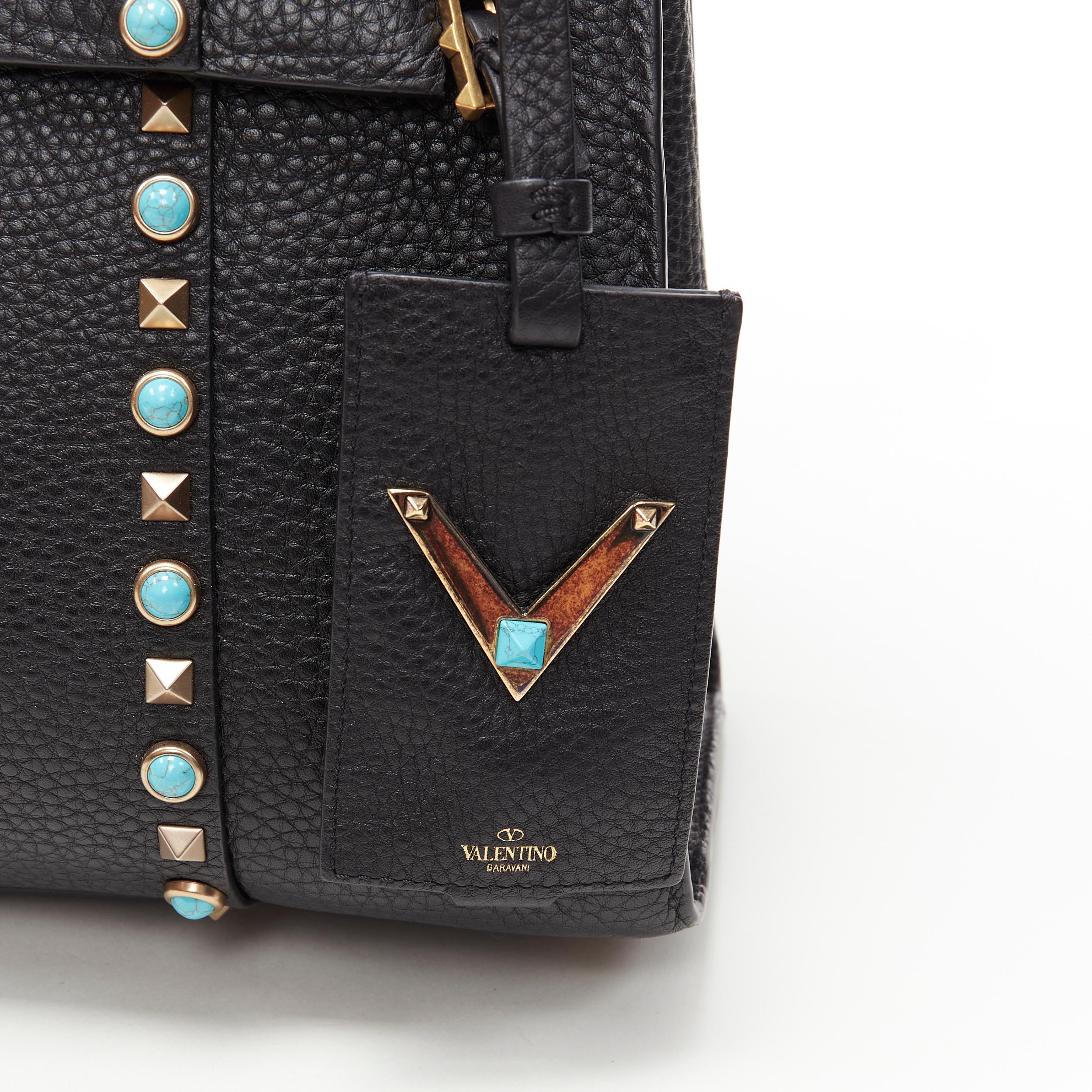 new VALENTINO black pebble leather turquoise stone Rockstud satchel shoulder bag 1