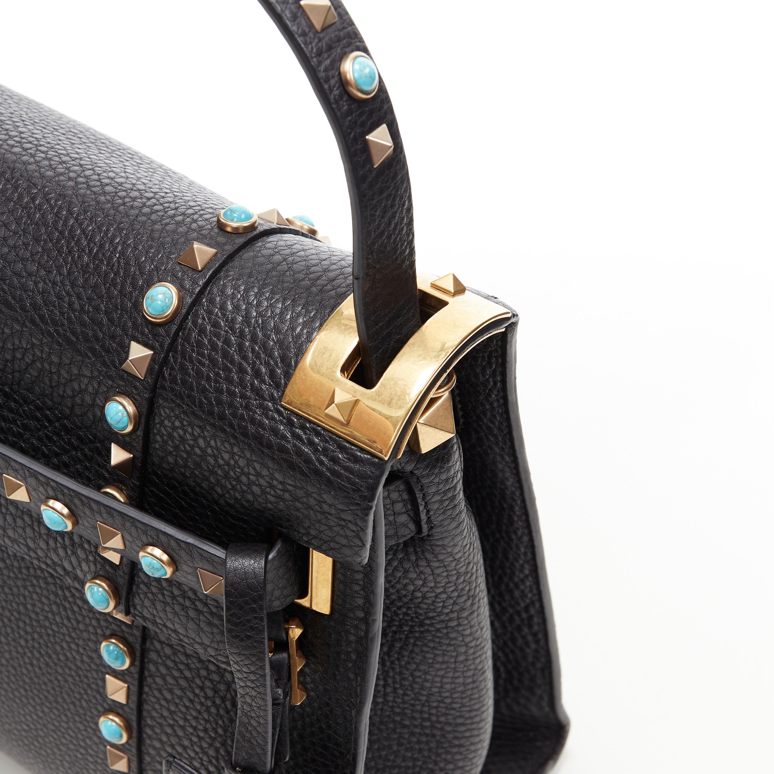 new VALENTINO black pebble leather turquoise stone Rockstud satchel shoulder bag 2