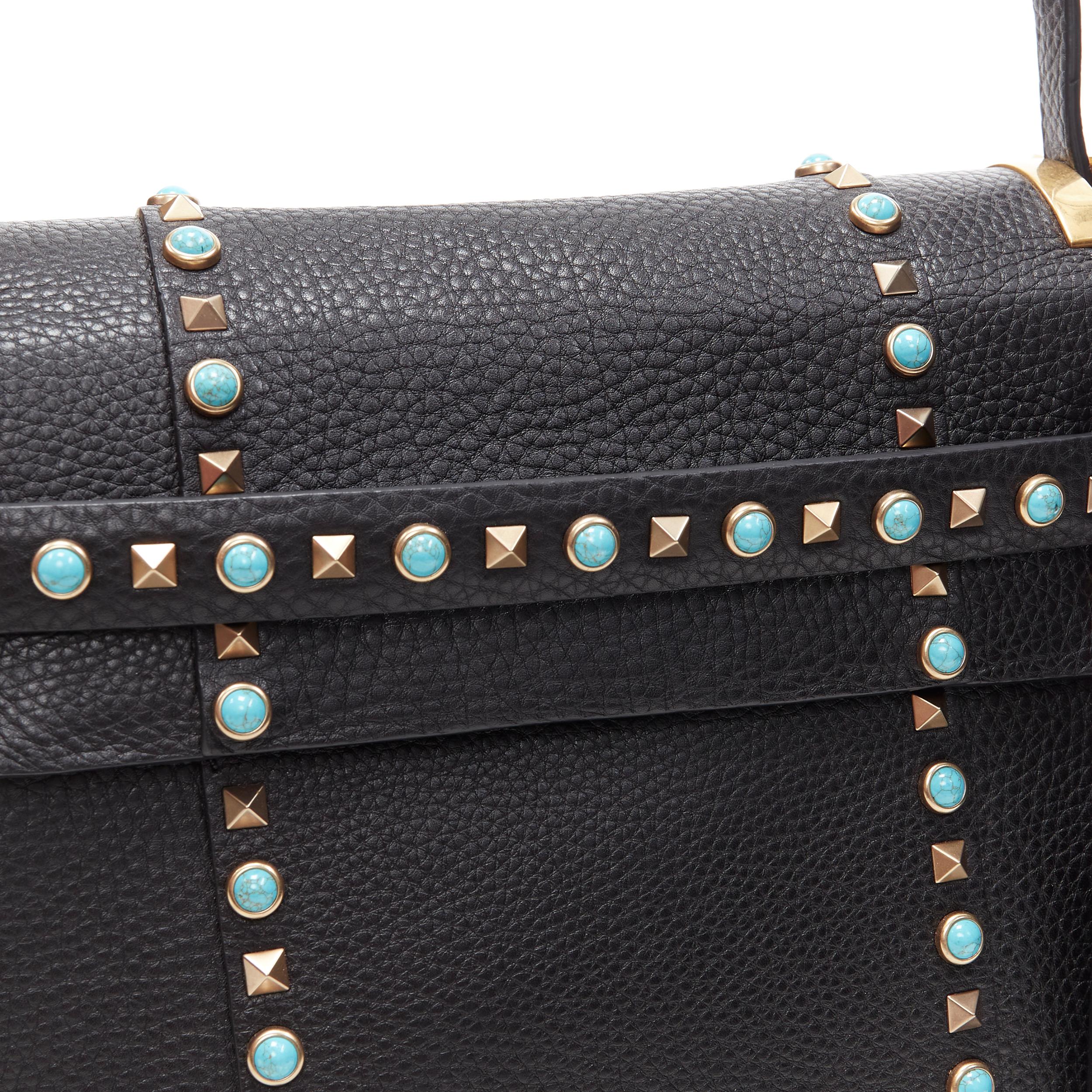 new VALENTINO black pebble leather turquoise stone Rockstud satchel shoulder bag 3