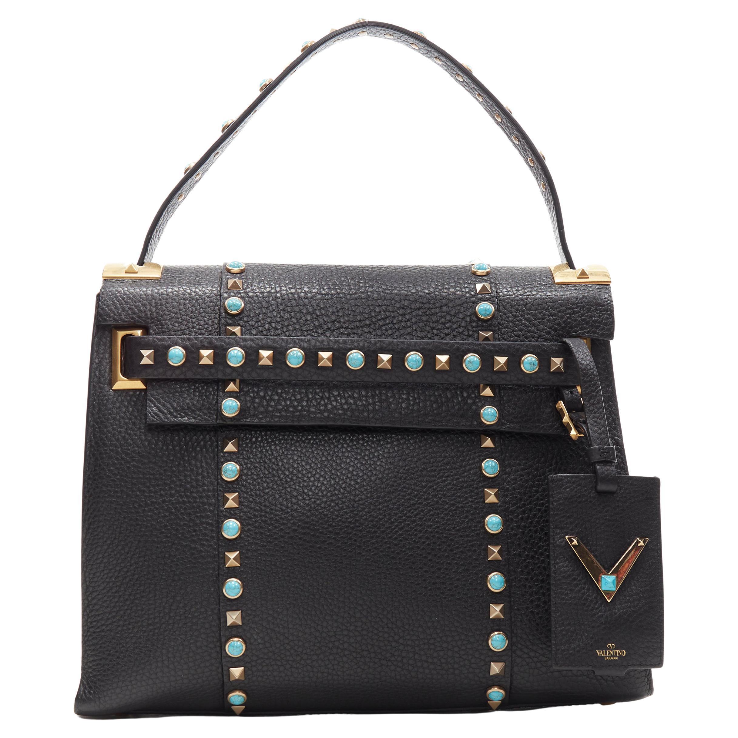new VALENTINO black pebble leather turquoise stone Rockstud satchel shoulder bag