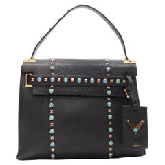 new VALENTINO black pebble leather turquoise stone Rockstud satchel shoulder bag