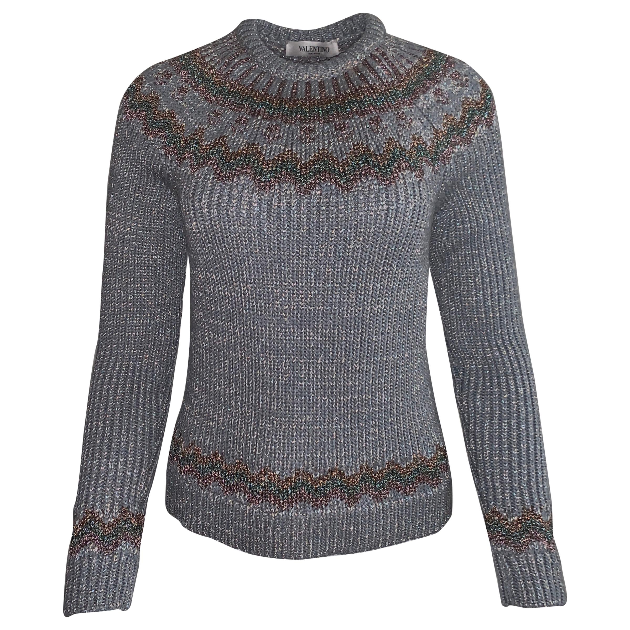 New Valentino Fair Isle Metallic Silver Grey Chunky Rib Knit Sweater