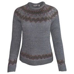 Nouveau Valentino Fair Isle Metallic Silver Grey Chunky Rib Knit Sweater