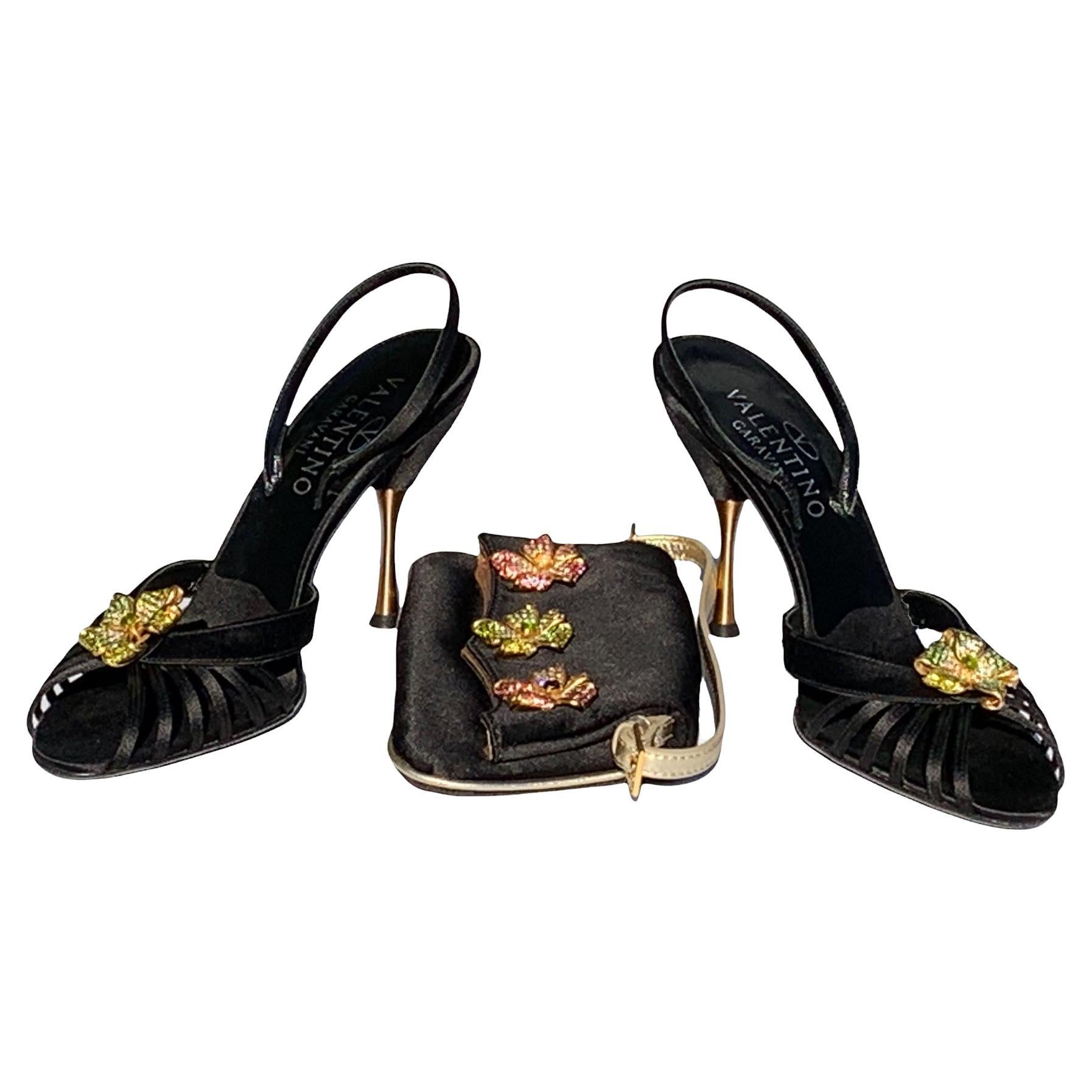 New Valentino Garavani 2006 Black Jeweled Shoes Sandals 38.5 + Matching Clutch 