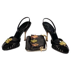 Used New Valentino Garavani 2006 Black Jeweled Shoes Sandals 38.5 + Matching Clutch 