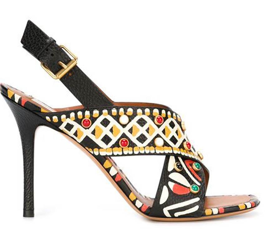 New Valentino Garavani High Heel Embellished Leather Sandals
Italian size 41 - US 11
Maria Grazia Chiuri and Pierpaolo Piccioli were thinking deeply about Africa when they were designing for Spring 2016 Collection.
In a nod to the colours and