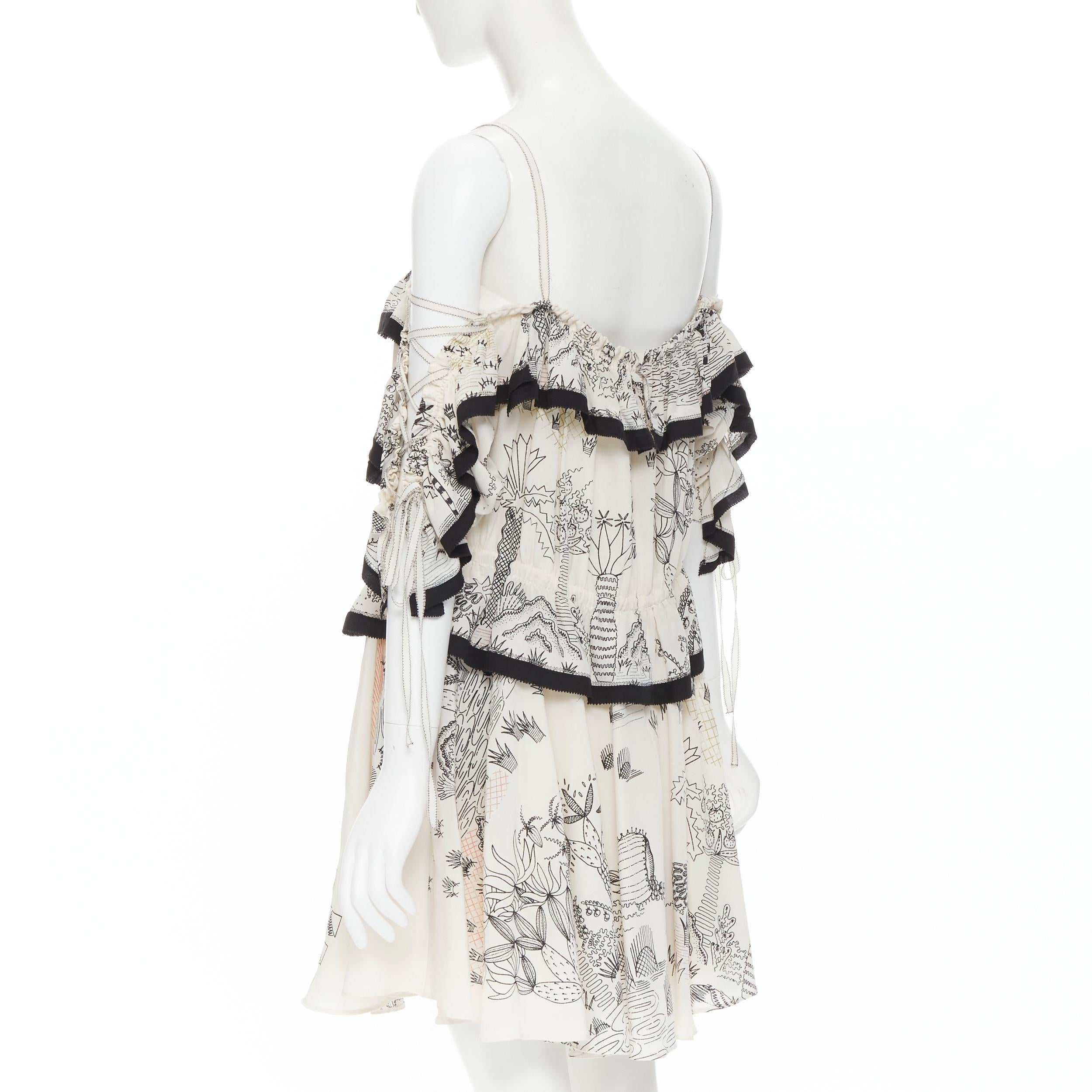 new VALENTINO Garden illustration print silk off shoulder lace up dress IT40 S For Sale 1