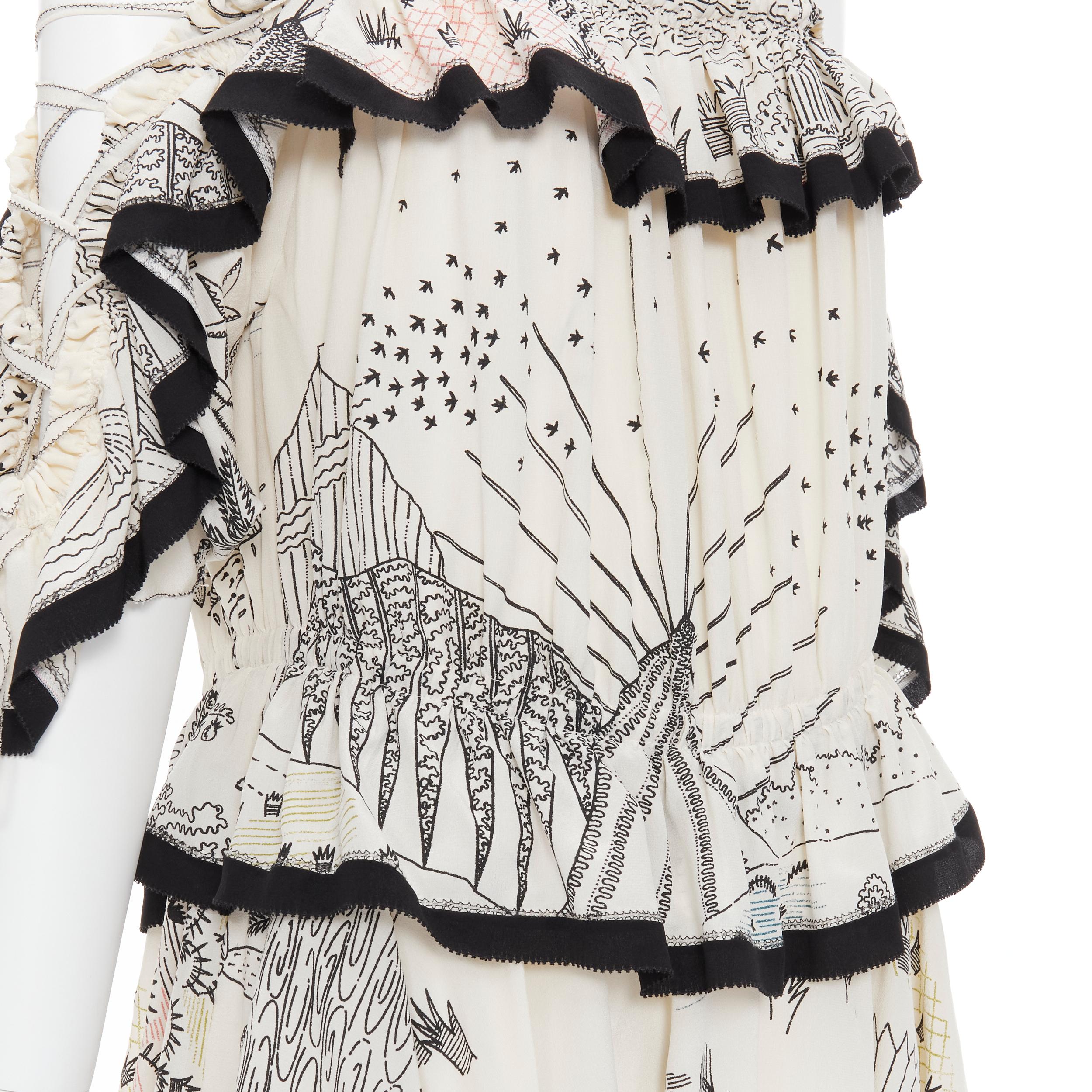 new VALENTINO Garden illustration print silk off shoulder lace up dress IT40 S For Sale 2