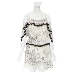new VALENTINO Garden illustration print silk off shoulder lace up dress IT40 S