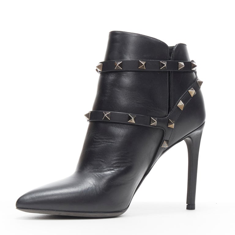 new VALENTINO Noir Rockstud black studded harness point toe bootie heel ...