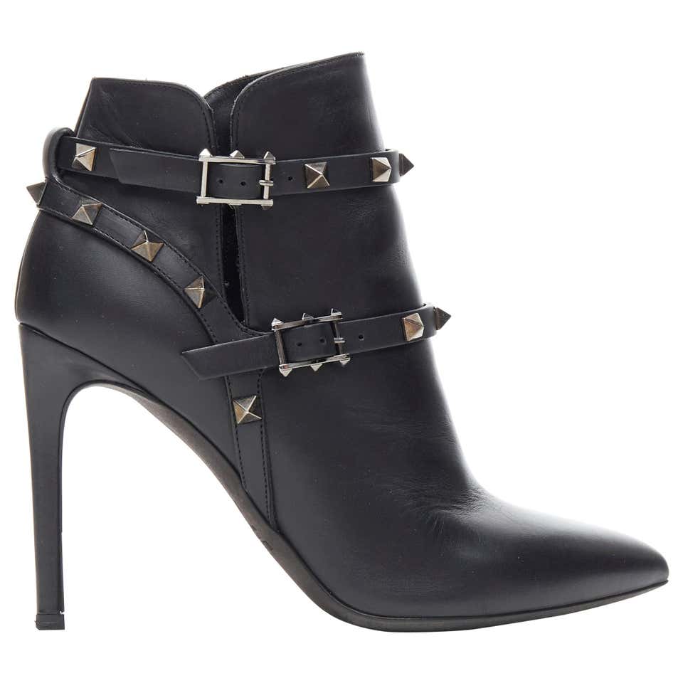 new VALENTINO Noir Rockstud black studded harness point toe bootie heel ...