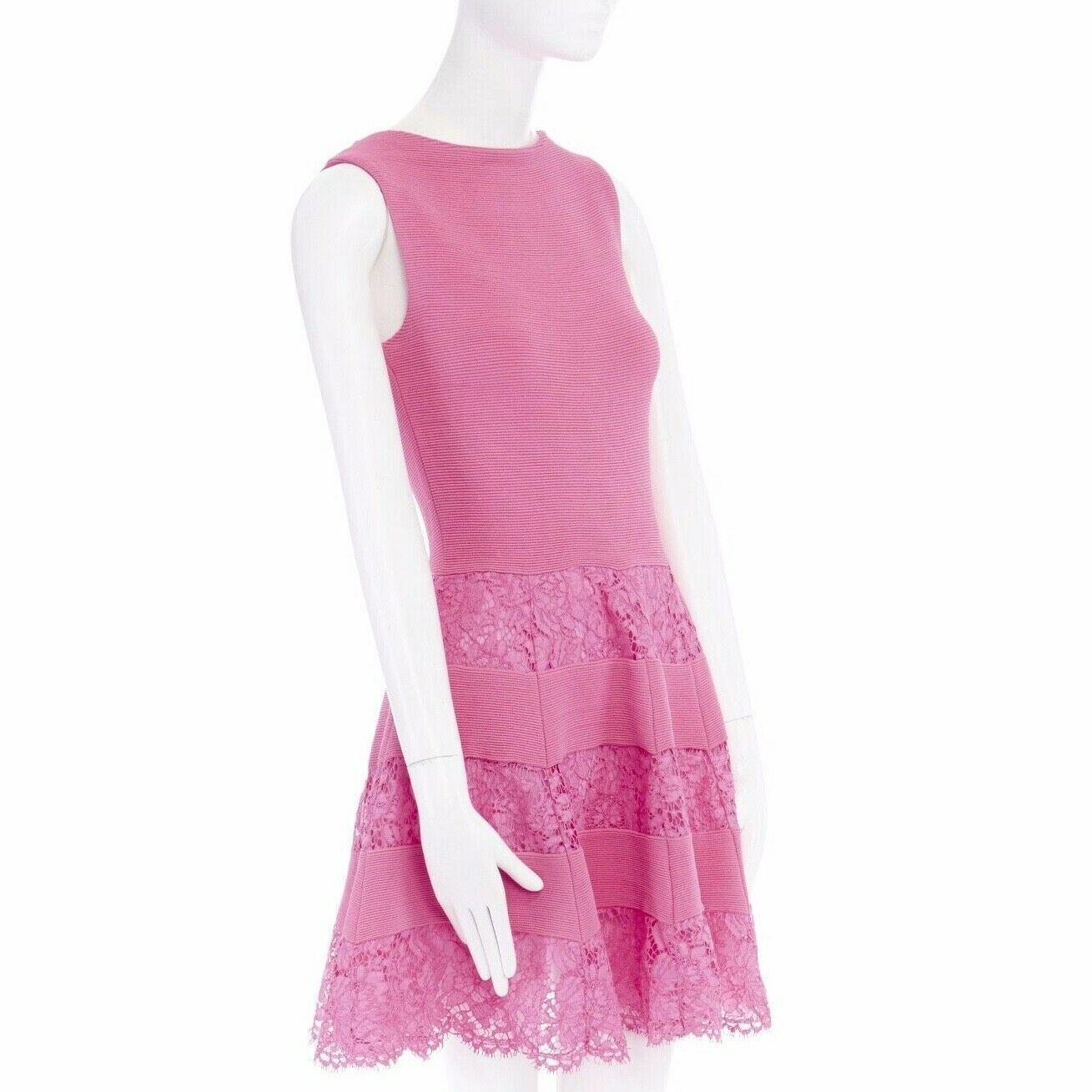 Women's new VALENTINO pink ribbed stretch floral lace paneled fit flare dress M