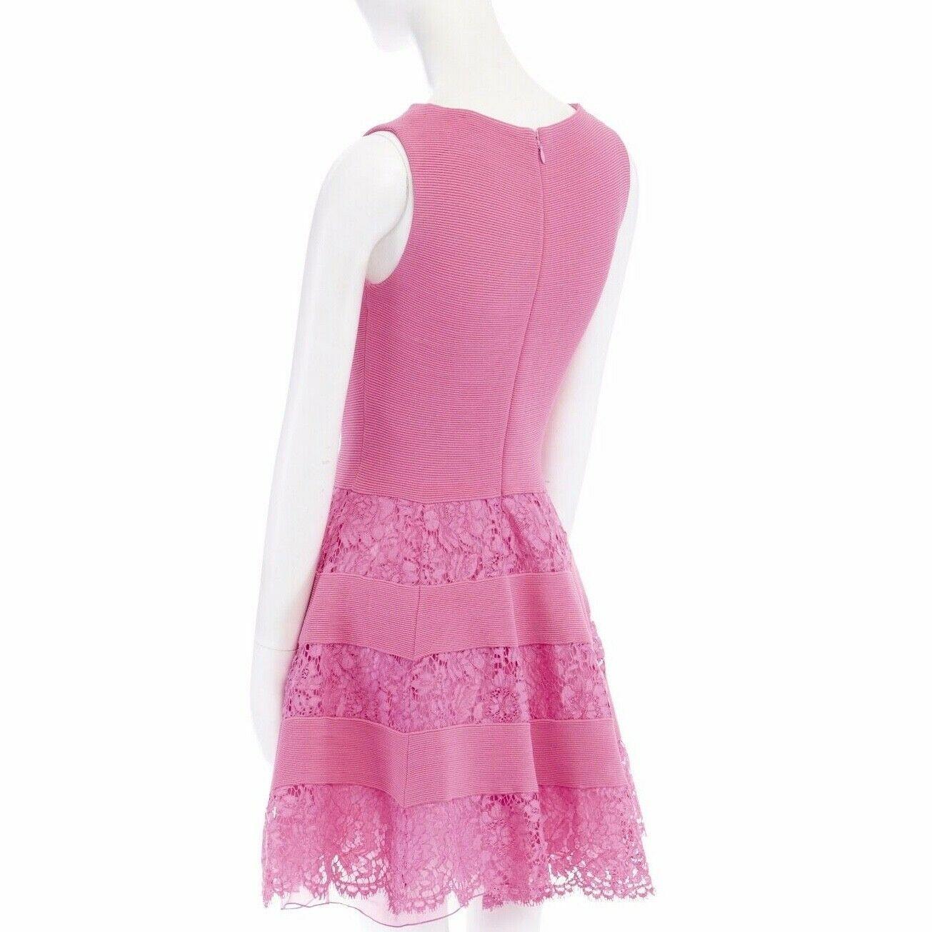 new VALENTINO pink ribbed stretch floral lace paneled fit flare dress M 3