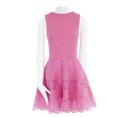 new VALENTINO pink ribbed stretch floral lace paneled fit flare dress M