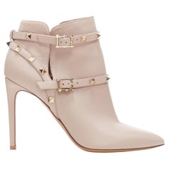 nouveau VALENTINO Rockstud mauve or clouté harnais bout pointu bootie EU37.5