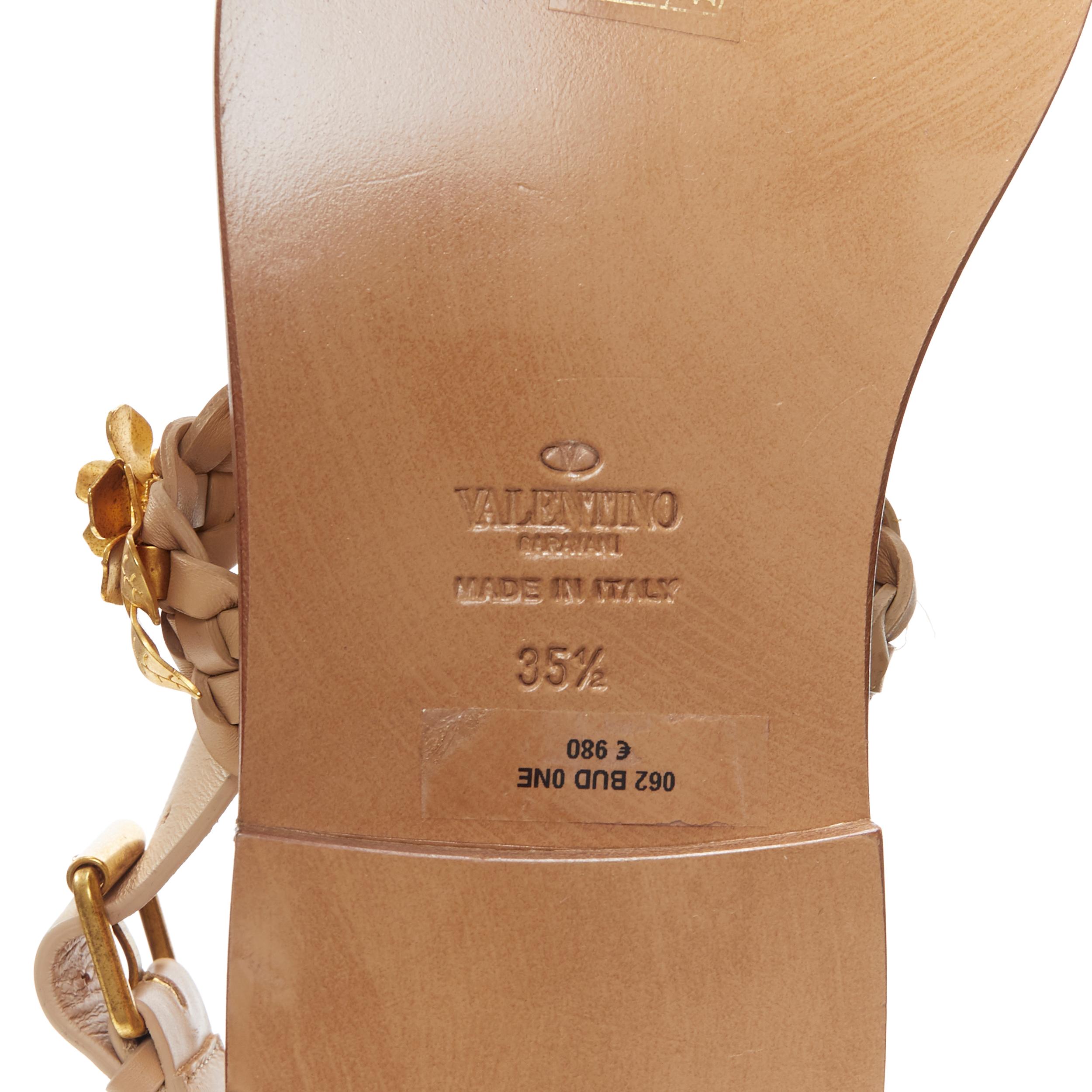 new VALENTINO tan brown braided gold metal flower embellished sandals EU35.5 3